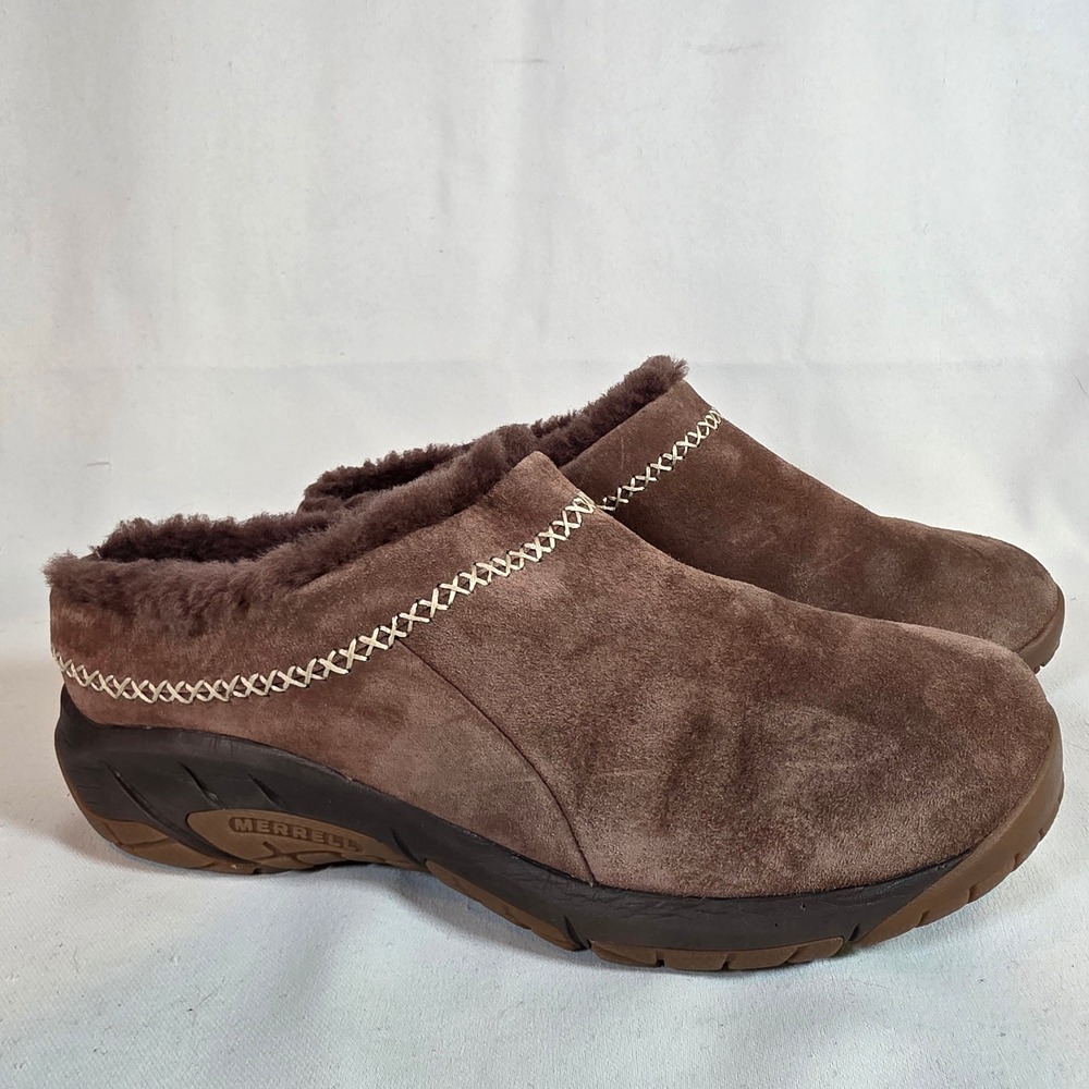 Merrell Encore Ice Clogs Brown Suede Womens 8 Shearling Slip On Comfort Shoes